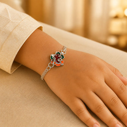 Premium Shree Ganpati Meenakari Enamel Silver Chain Rakhi For Brother