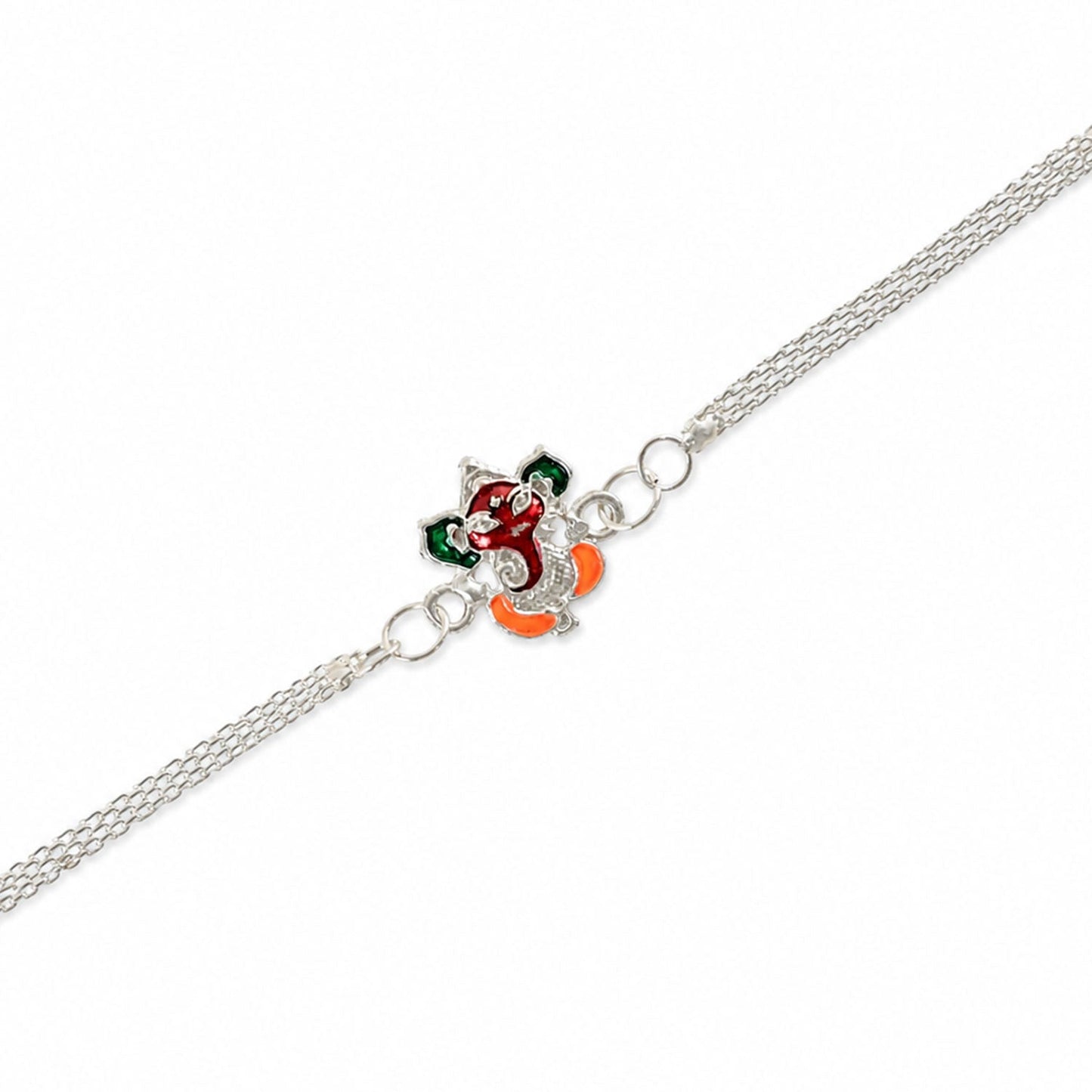 Premium Shree Ganpati Meenakari Enamel Silver Chain Rakhi For Brother