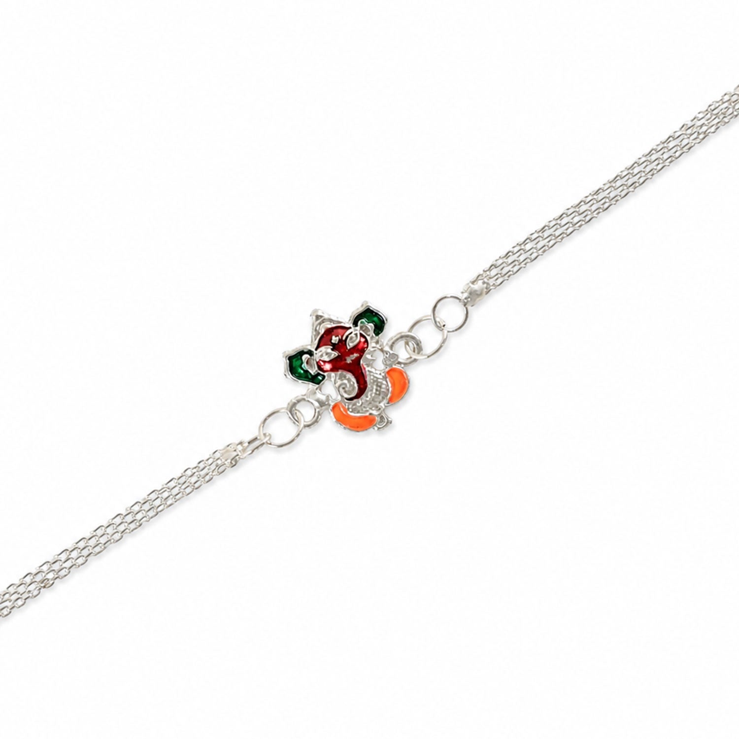Premium Shree Ganpati Meenakari Enamel Silver Chain Rakhi For Brother