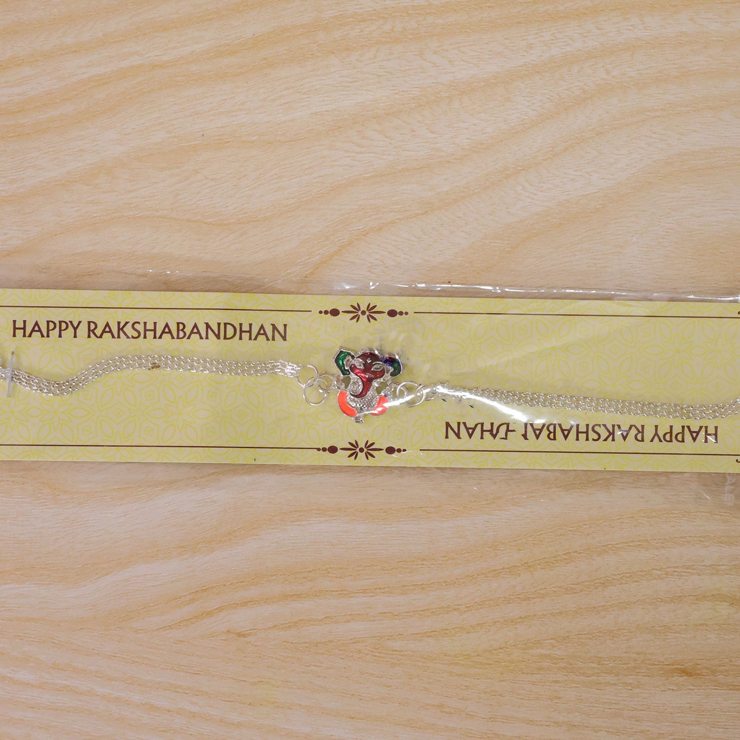 Premium Shree Ganpati Meenakari Enamel Silver Chain Rakhi For Brother