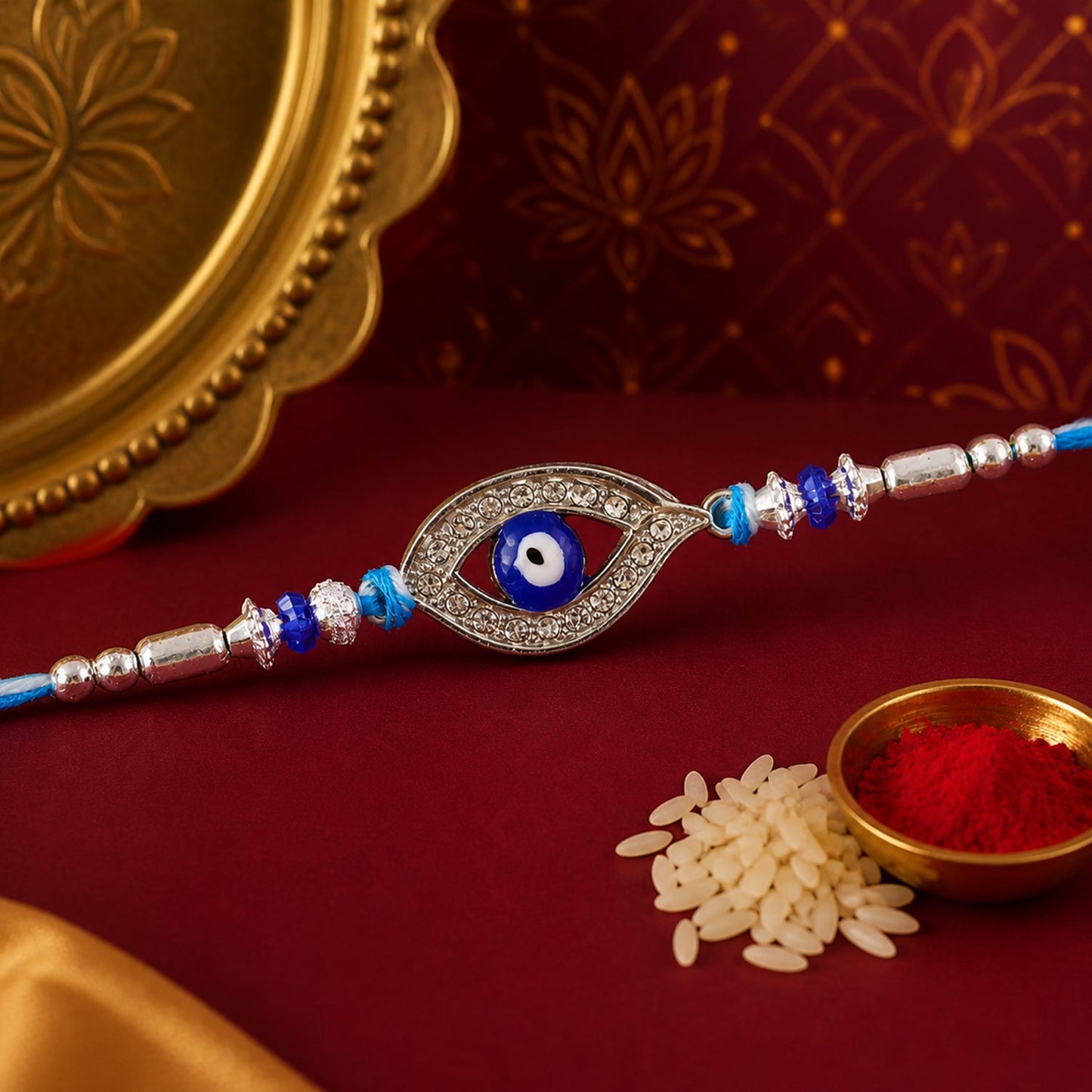 Evil Eye Rakhi with Studded Charm – Blue Crystal Beads