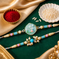 Floral Enamel Bhai Bhabhi Rakhi Lumba Set with Pearl Crystal Beads