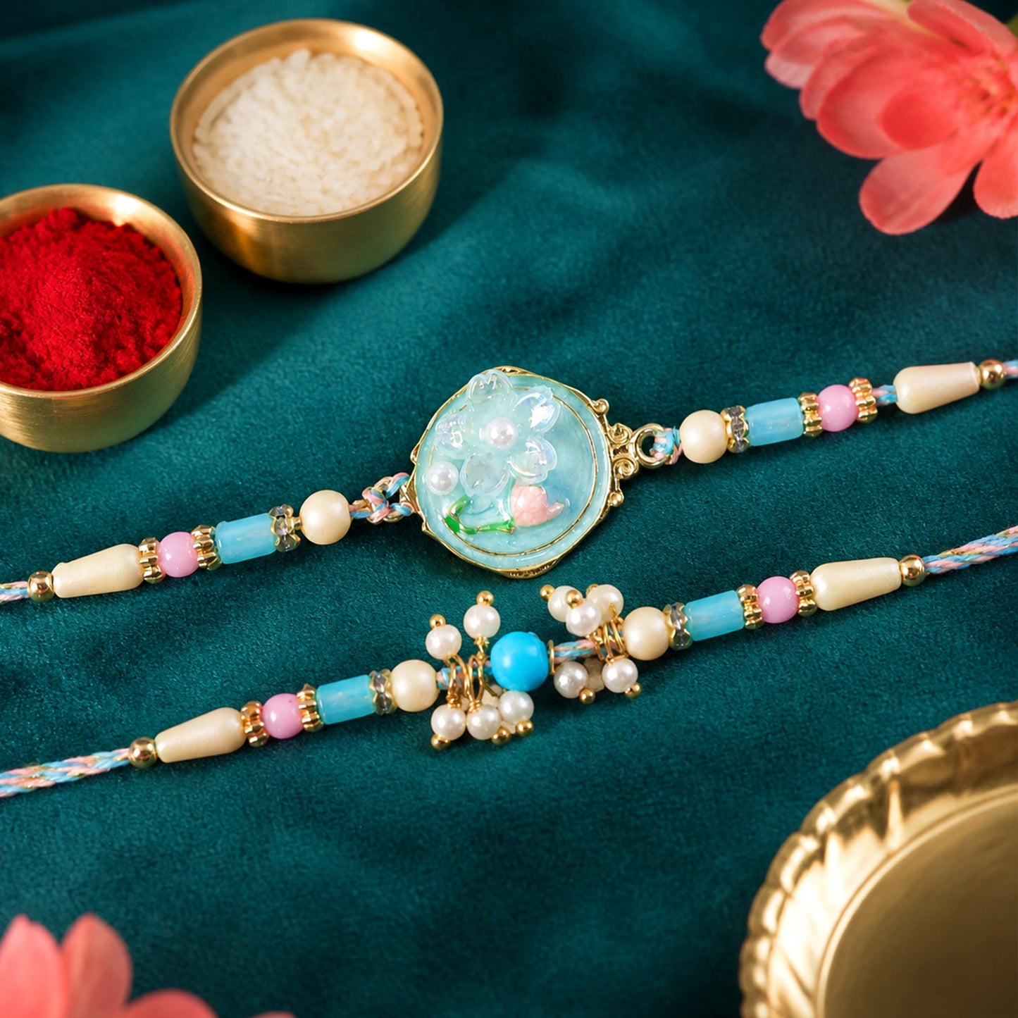 Floral Enamel Bhai Bhabhi Rakhi Lumba Set with Pearl Crystal Beads