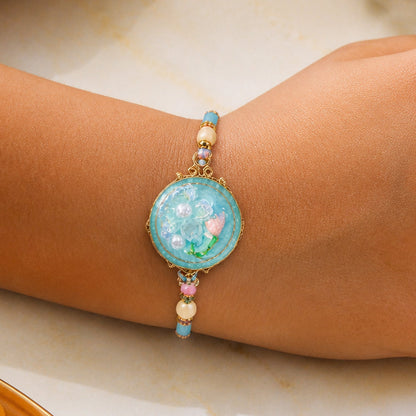 Floral Enamel Bhai Bhabhi Rakhi Lumba Set with Pearl Crystal Beads