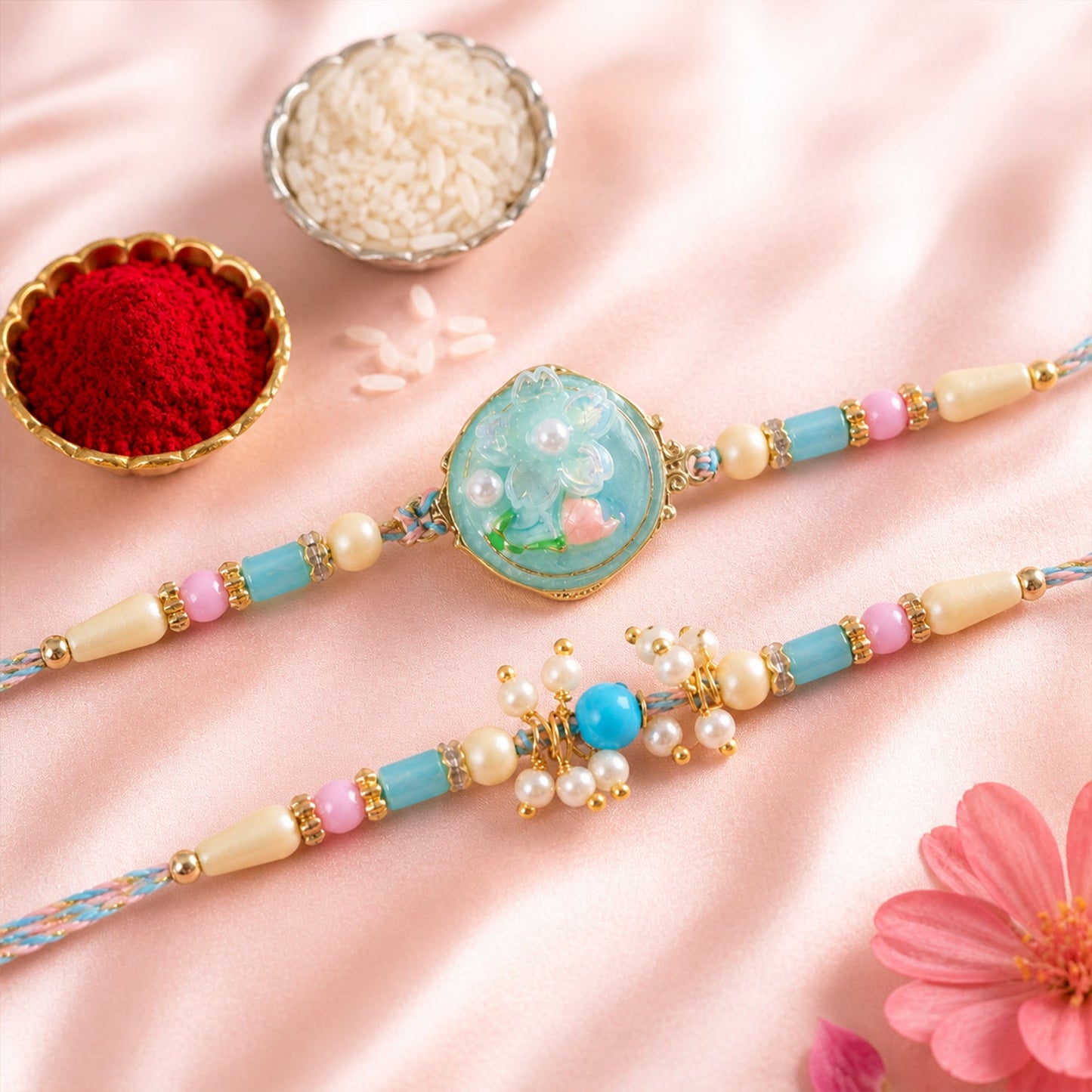Floral Enamel Bhai Bhabhi Rakhi Lumba Set with Pearl Crystal Beads