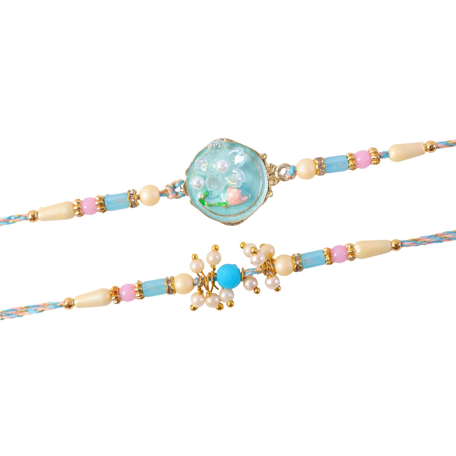 Floral Enamel Bhai Bhabhi Rakhi Lumba Set with Pearl Crystal Beads