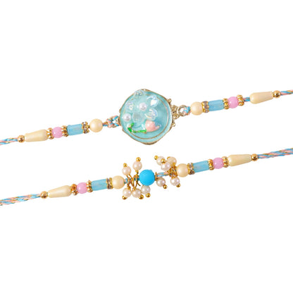 Floral Enamel Bhai Bhabhi Rakhi Lumba Set with Pearl Crystal Beads