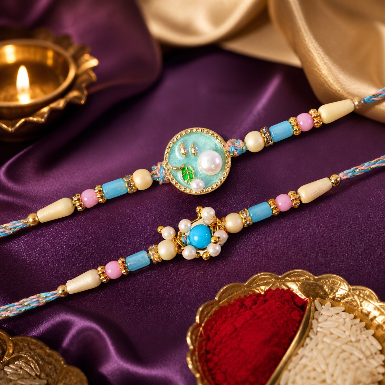 Premium Round Enamel Pearl Beads Bhai Bhabhi Rakhi Lumba Set
