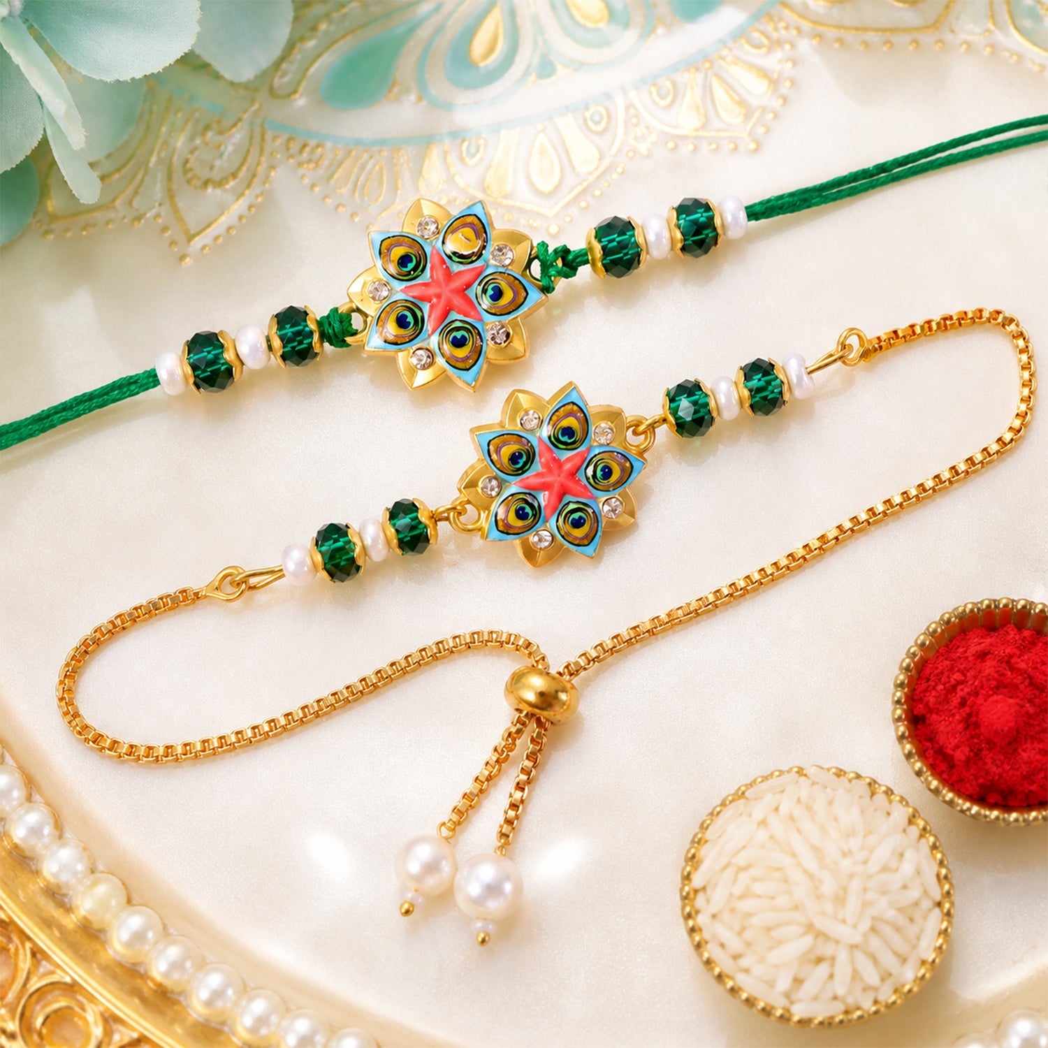 Floral Star Meenakari Enamel Crystal Stone Pearl Beads Designer Bhai Bhabhi Rakhi Set