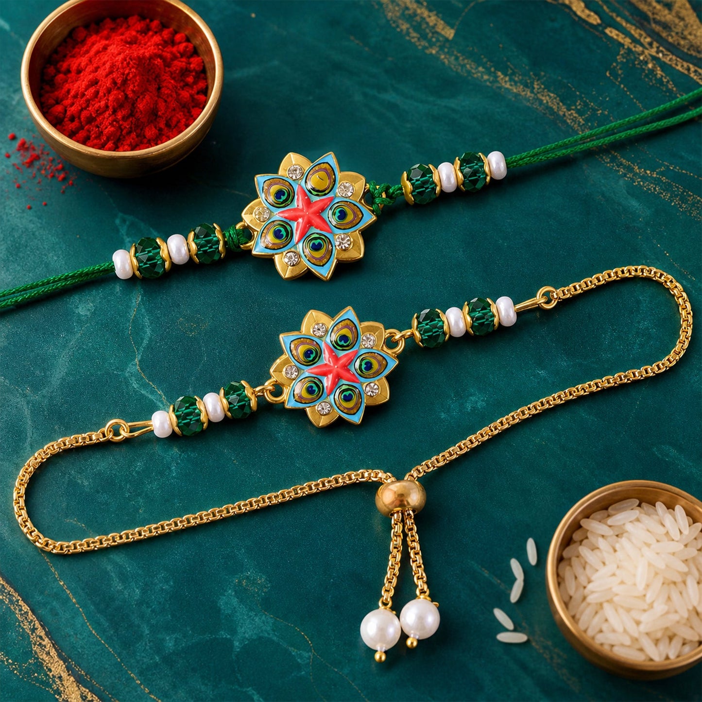 Floral Star Meenakari Enamel Crystal Stone Pearl Beads Designer Bhai Bhabhi Rakhi Set