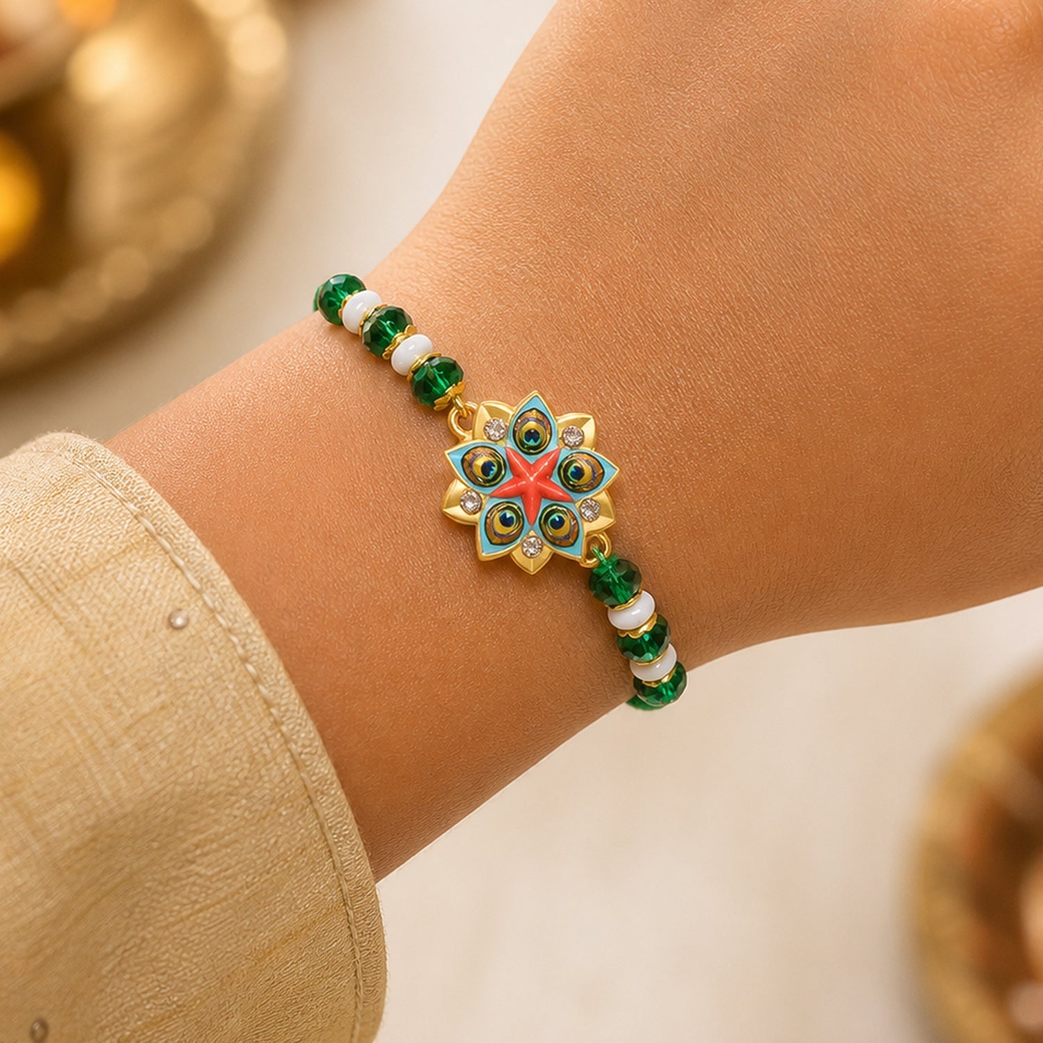 Floral Star Meenakari Enamel Crystal Stone Pearl Beads Designer Bhai Bhabhi Rakhi Set