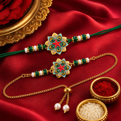 Floral Star Meenakari Enamel Crystal Stone Pearl Beads Designer Bhai Bhabhi Rakhi Set