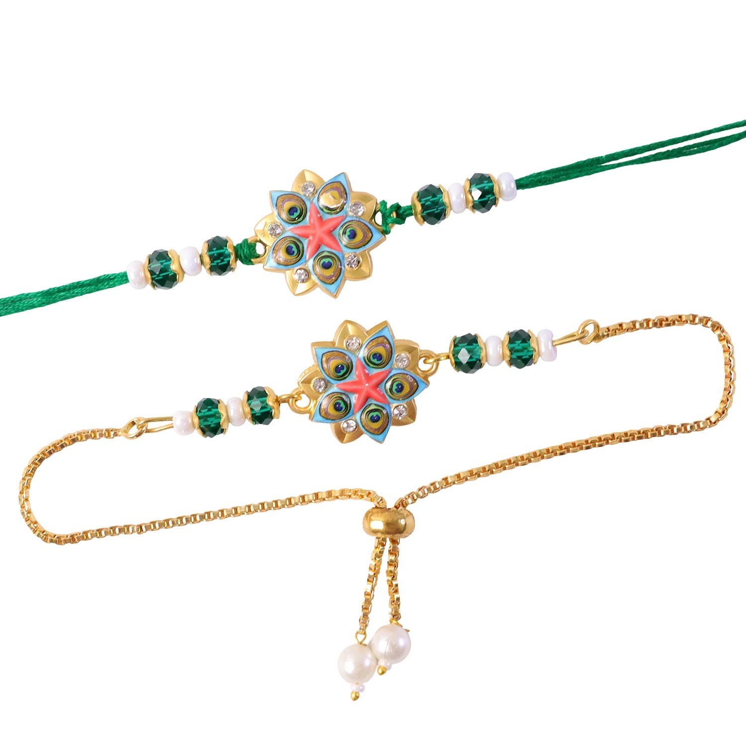 Floral Star Meenakari Enamel Crystal Stone Pearl Beads Designer Bhai Bhabhi Rakhi Set