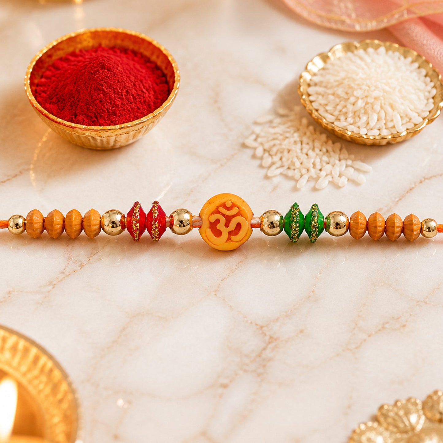 Om Motif Rakhi with Sandalwood Beads & Bead Accents