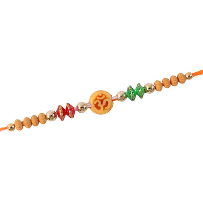Om Motif Rakhi with Sandalwood Beads & Bead Accents