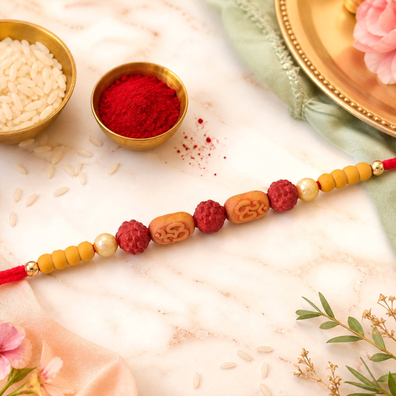 Stylish Om Charm Rudraksha Rakhi with Pearl & Sandalwood Beads