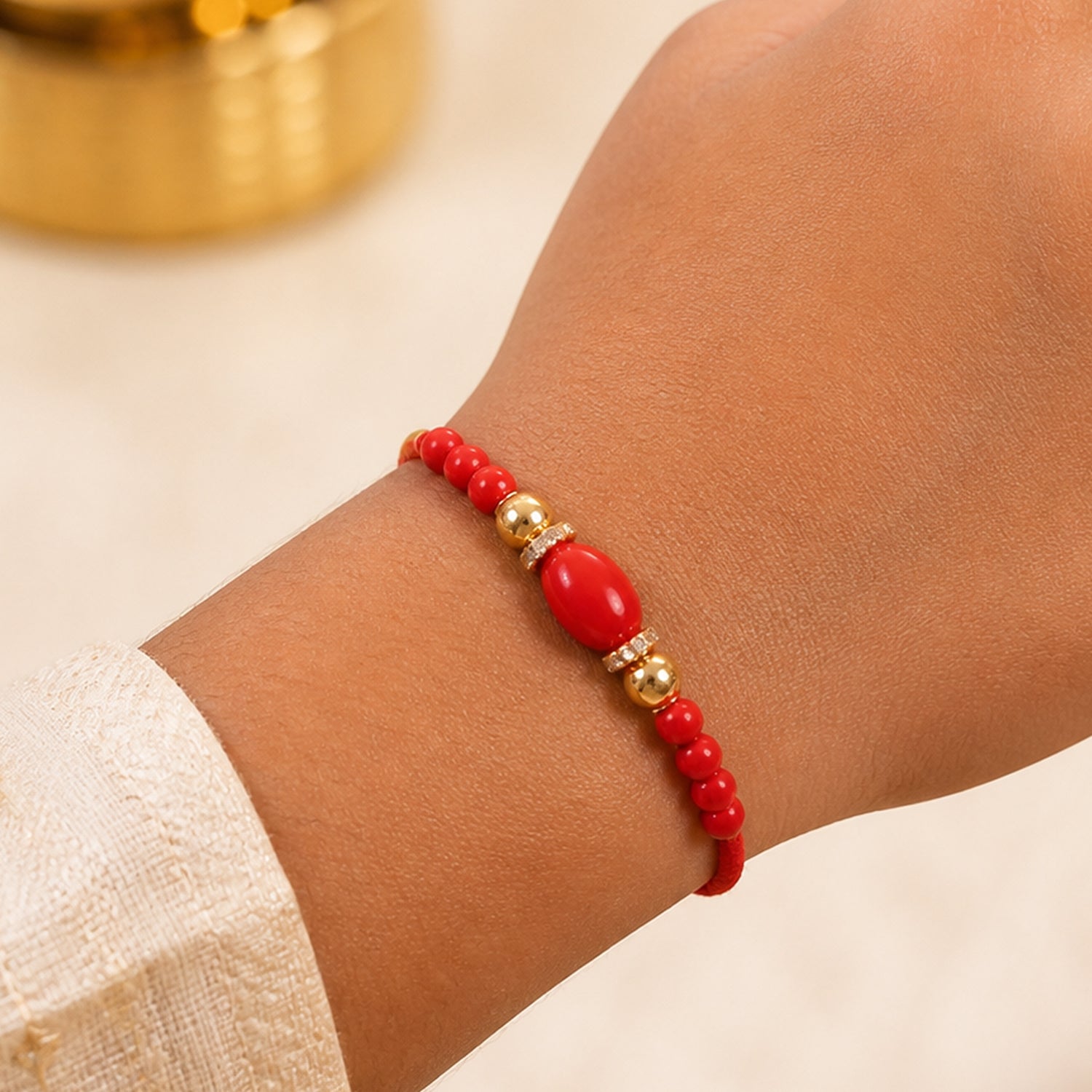 Stylish Stone Golden Oval Bead Crystal Ring Simple Traditional Rakhi