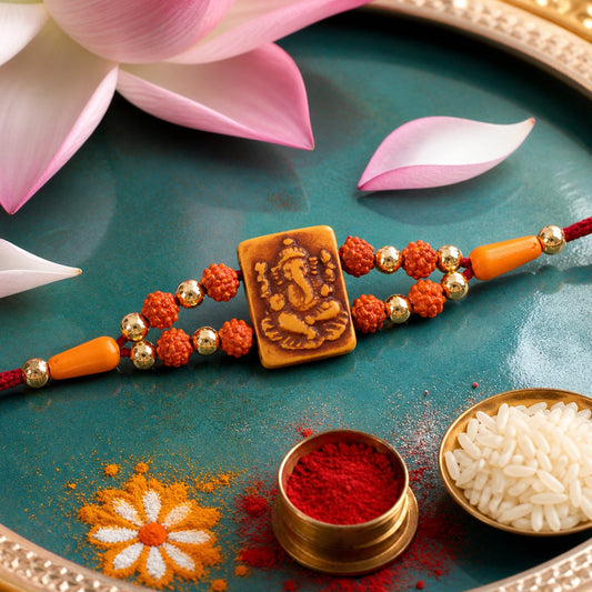 Ganesha Rudraksha Rakhi with Golden Beads – Traditional Rakhi