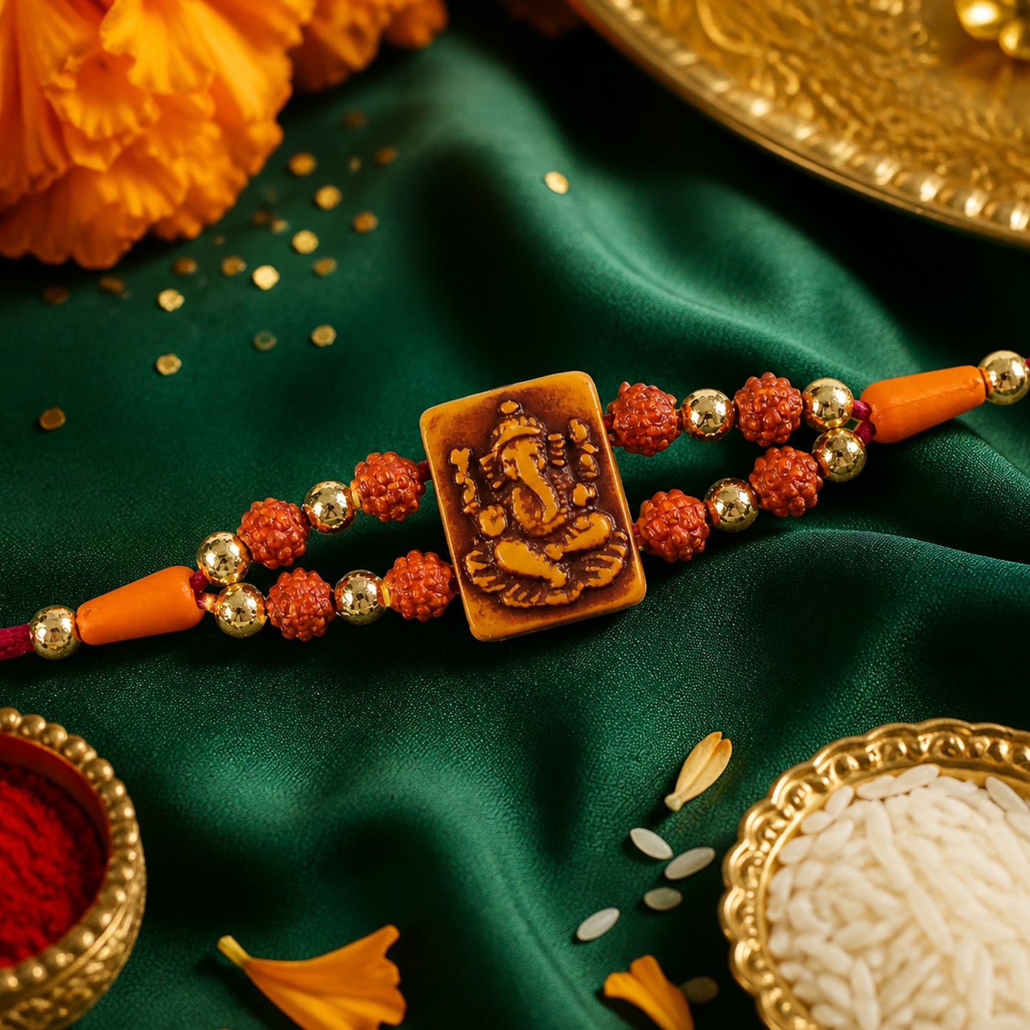 Ganesha Rudraksha Rakhi with Golden Beads – Traditional Rakhi