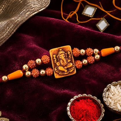 Ganesha Rudraksha Rakhi with Golden Beads – Traditional Rakhi
