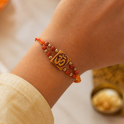 Square Om Engraved Rudraksha Golden Beads Traditional Rakhi