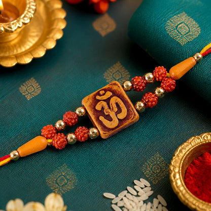 Square Om Engraved Rudraksha Golden Beads Traditional Rakhi