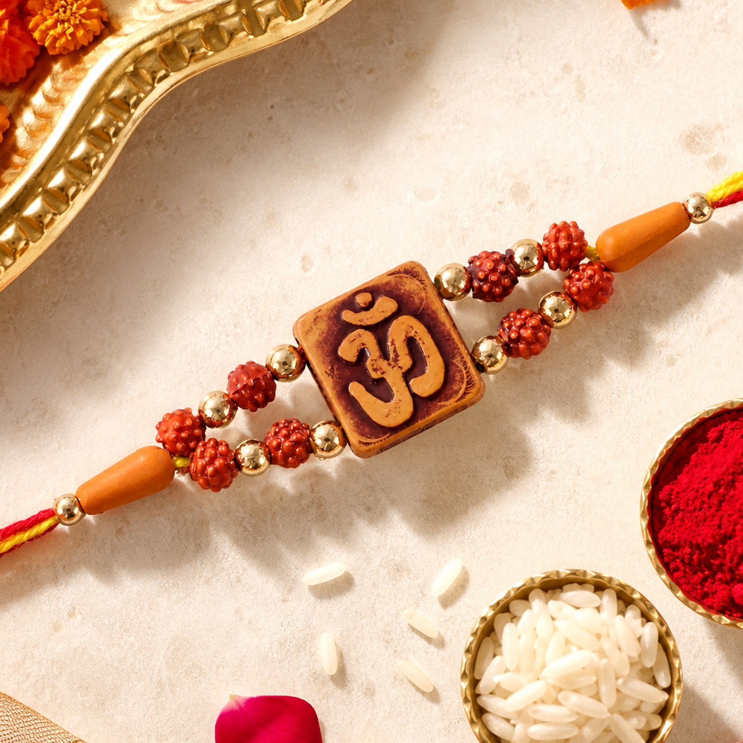 Square Om Engraved Rudraksha Golden Beads Traditional Rakhi