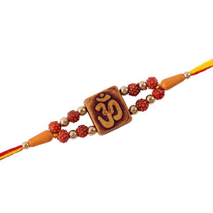 Square Om Engraved Rudraksha Golden Beads Traditional Rakhi