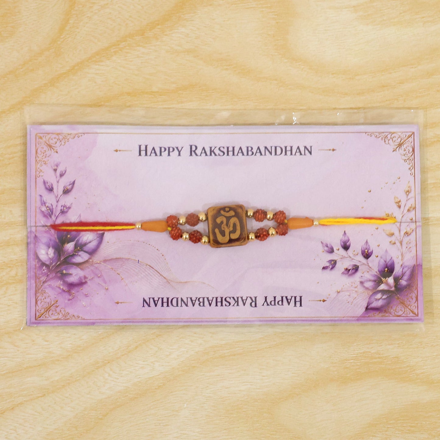 Square Om Engraved Rudraksha Golden Beads Traditional Rakhi