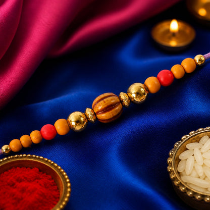 Wooden Striped Bead Golden Multicolor Beads Traditional Rakhi