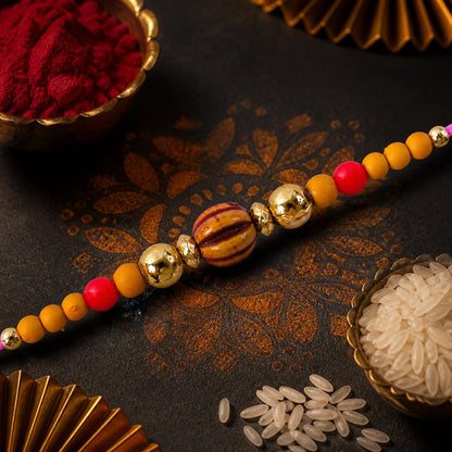 Wooden Striped Bead Golden Multicolor Beads Traditional Rakhi