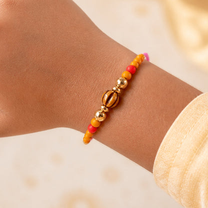 Wooden Striped Bead Golden Multicolor Beads Traditional Rakhi