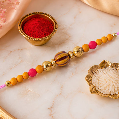 Wooden Striped Bead Golden Multicolor Beads Traditional Rakhi