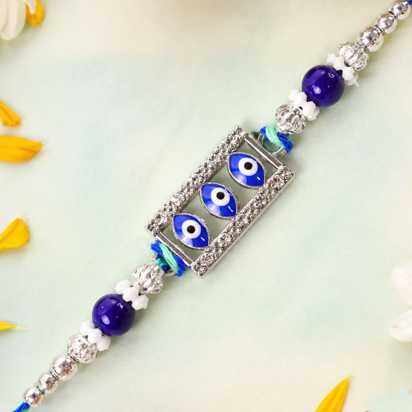 Triple Nazar Evil Eye Rectangle Frame Crystal Beads Rakhi