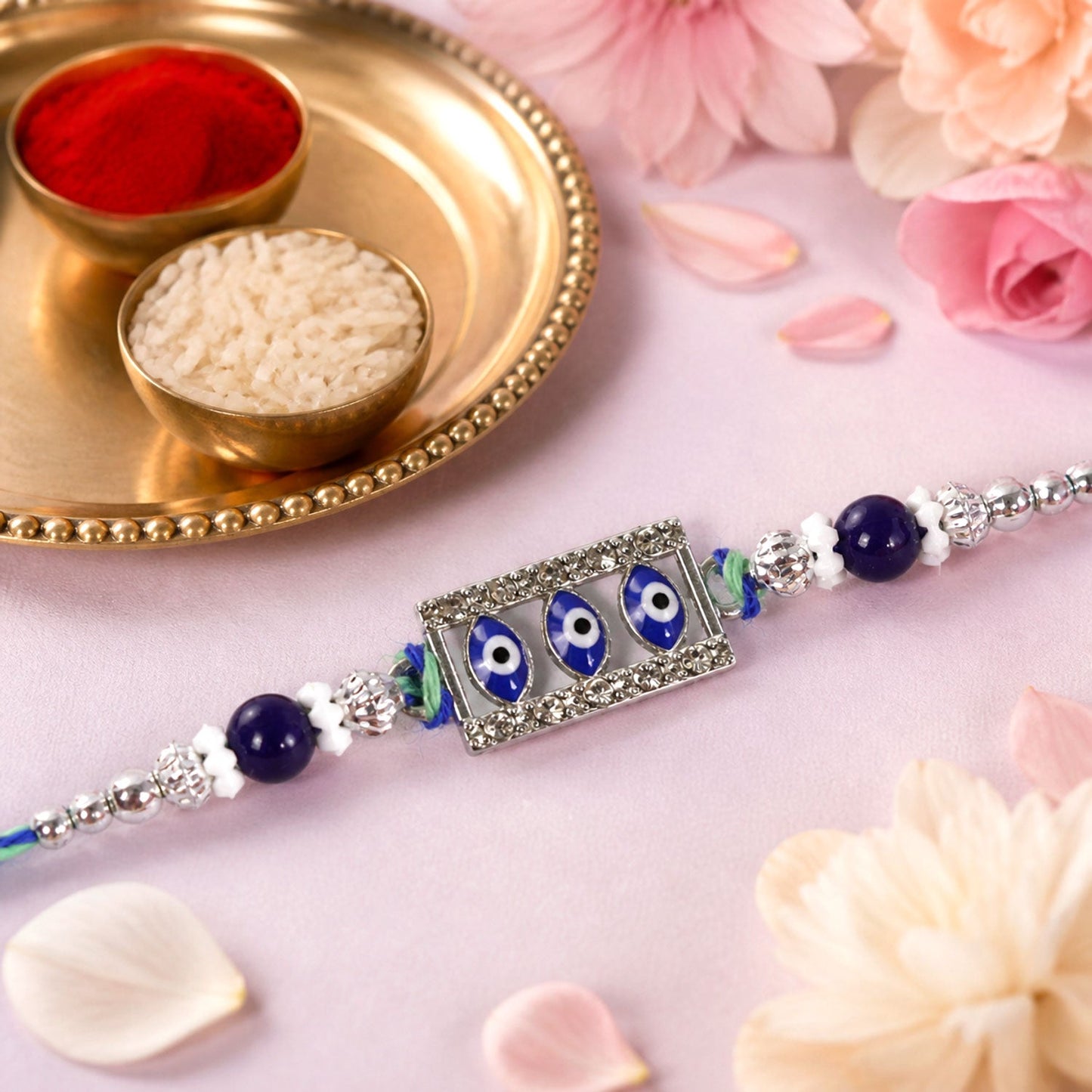 Triple Nazar Evil Eye Rectangle Frame Crystal Beads Rakhi