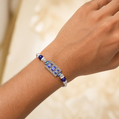 Triple Nazar Evil Eye Rectangle Frame Crystal Beads Rakhi