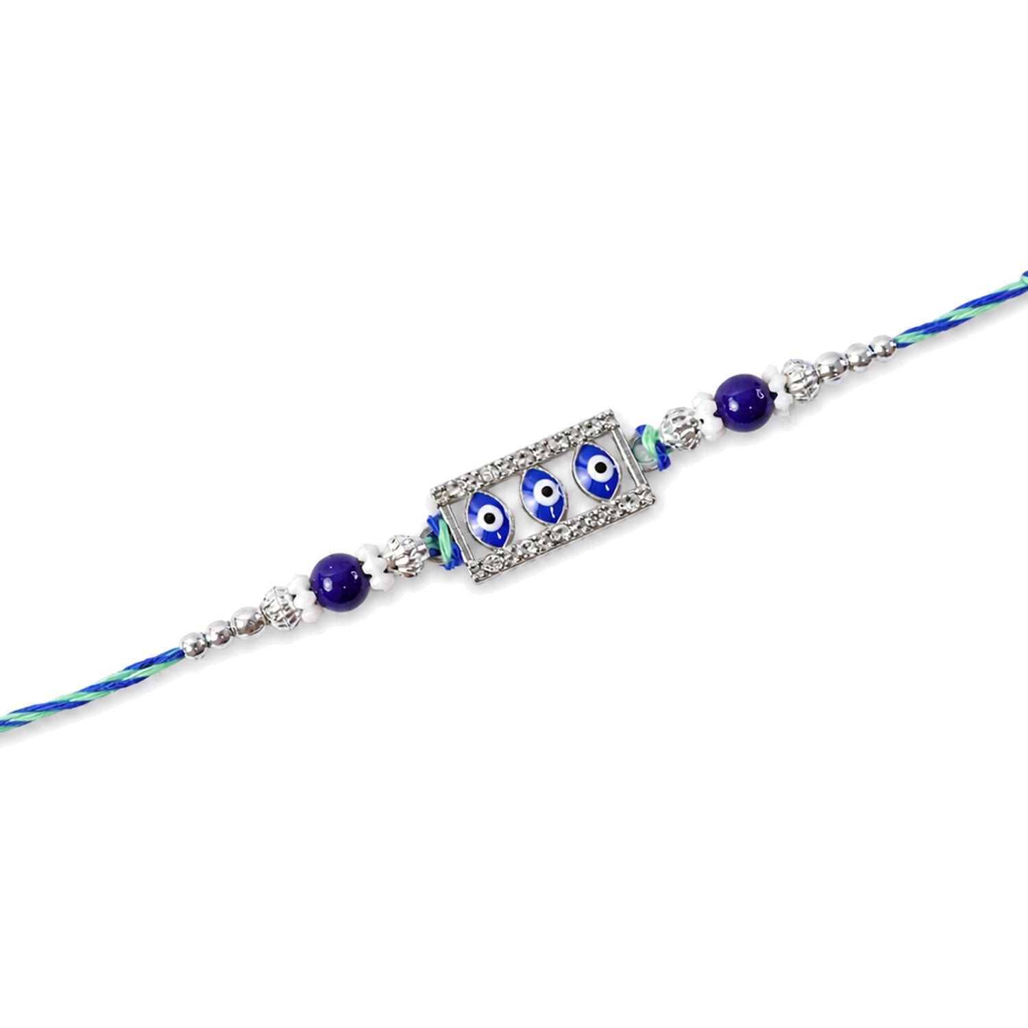 Triple Nazar Evil Eye Rectangle Frame Crystal Beads Rakhi