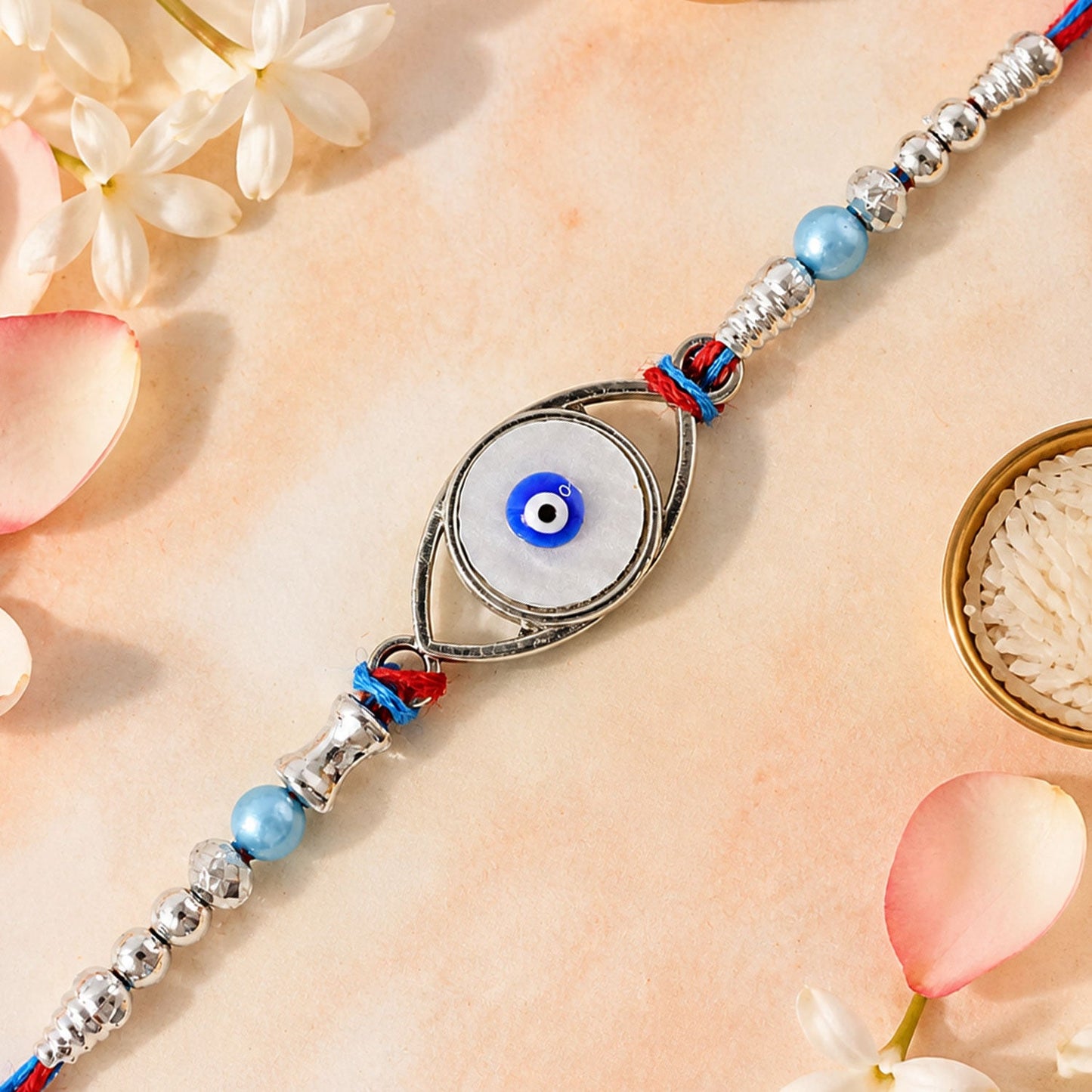 Nazar Evil Eye Oval Frame Antique Crystal Pastel Beads Rakhi