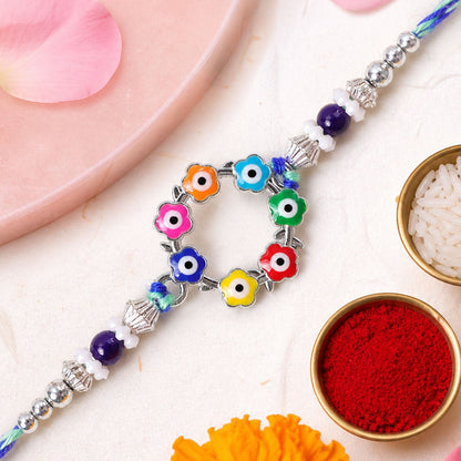 Multicolor Floral Nazar Evil Eye Wreath Circle Crystal Beads Rakhi