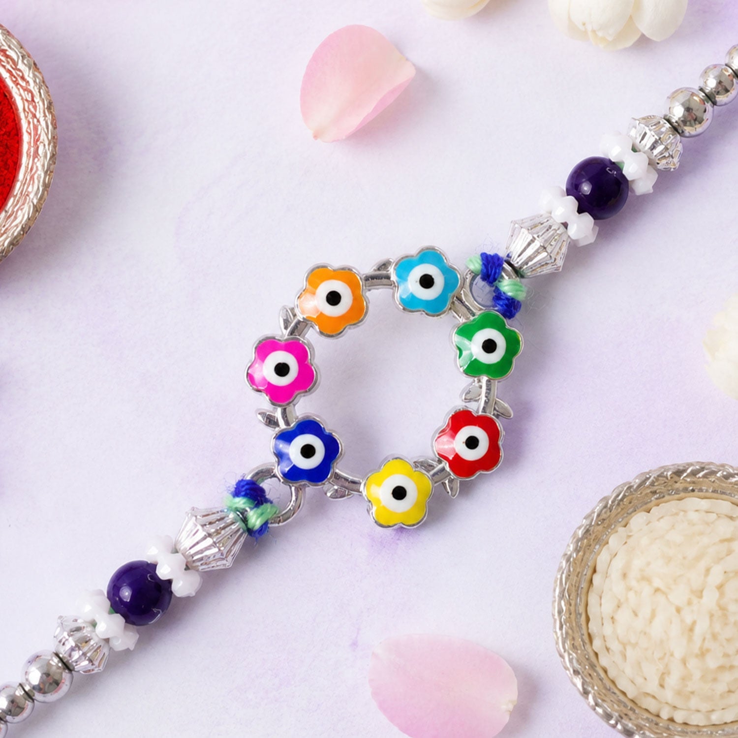 Multicolor Floral Nazar Evil Eye Wreath Circle Crystal Beads Rakhi