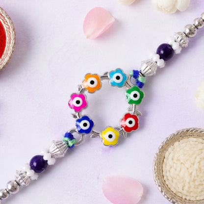 Multicolor Floral Nazar Evil Eye Wreath Circle Crystal Beads Rakhi