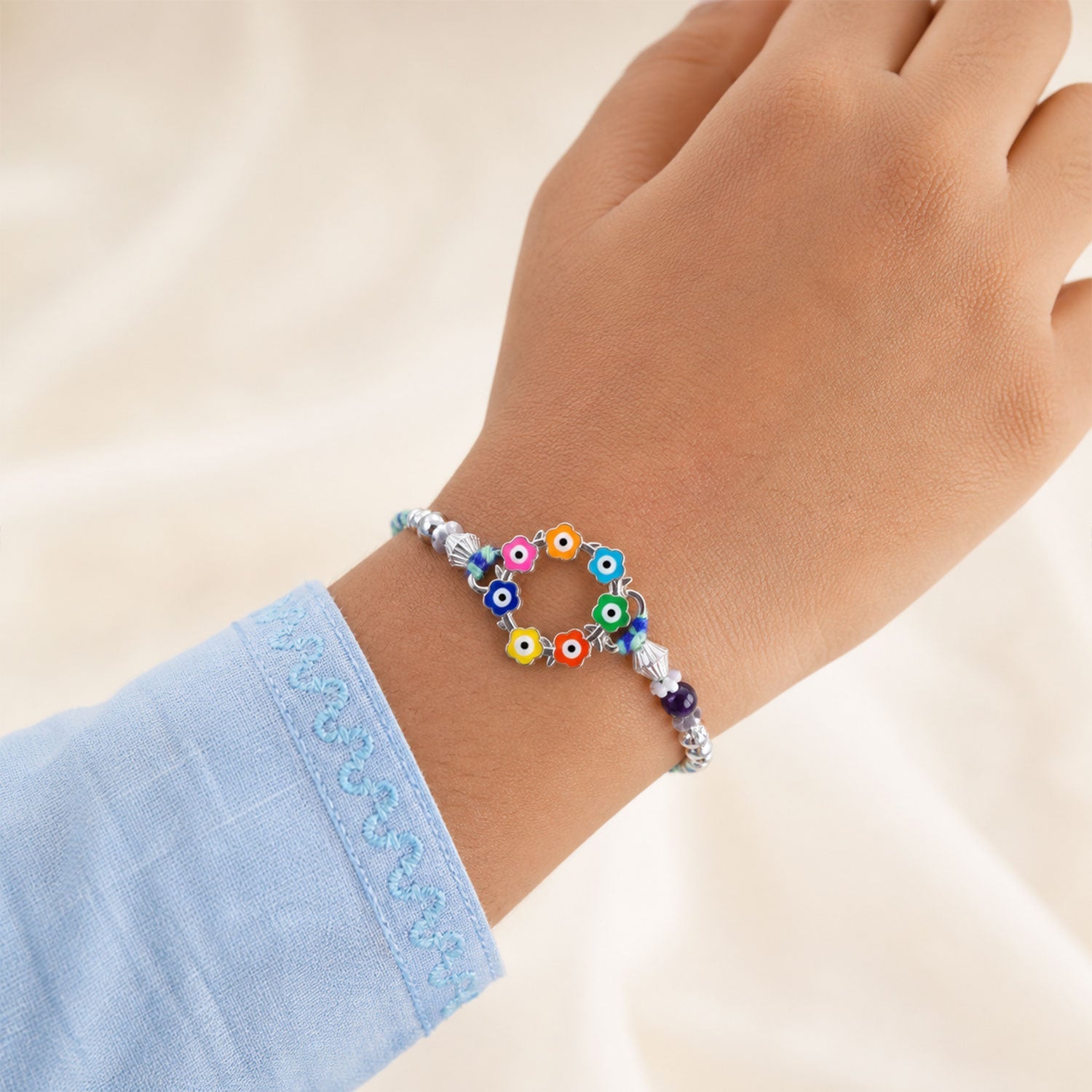 Multicolor Floral Nazar Evil Eye Wreath Circle Crystal Beads Rakhi