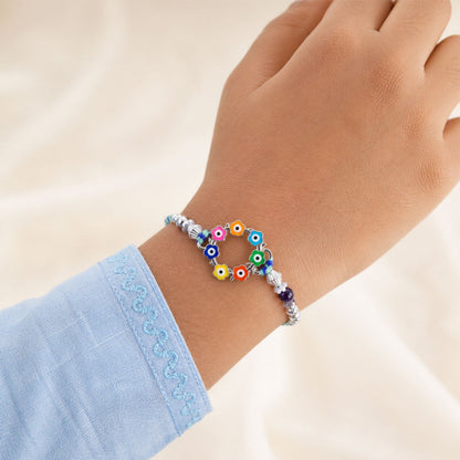 Multicolor Floral Nazar Evil Eye Wreath Circle Crystal Beads Rakhi