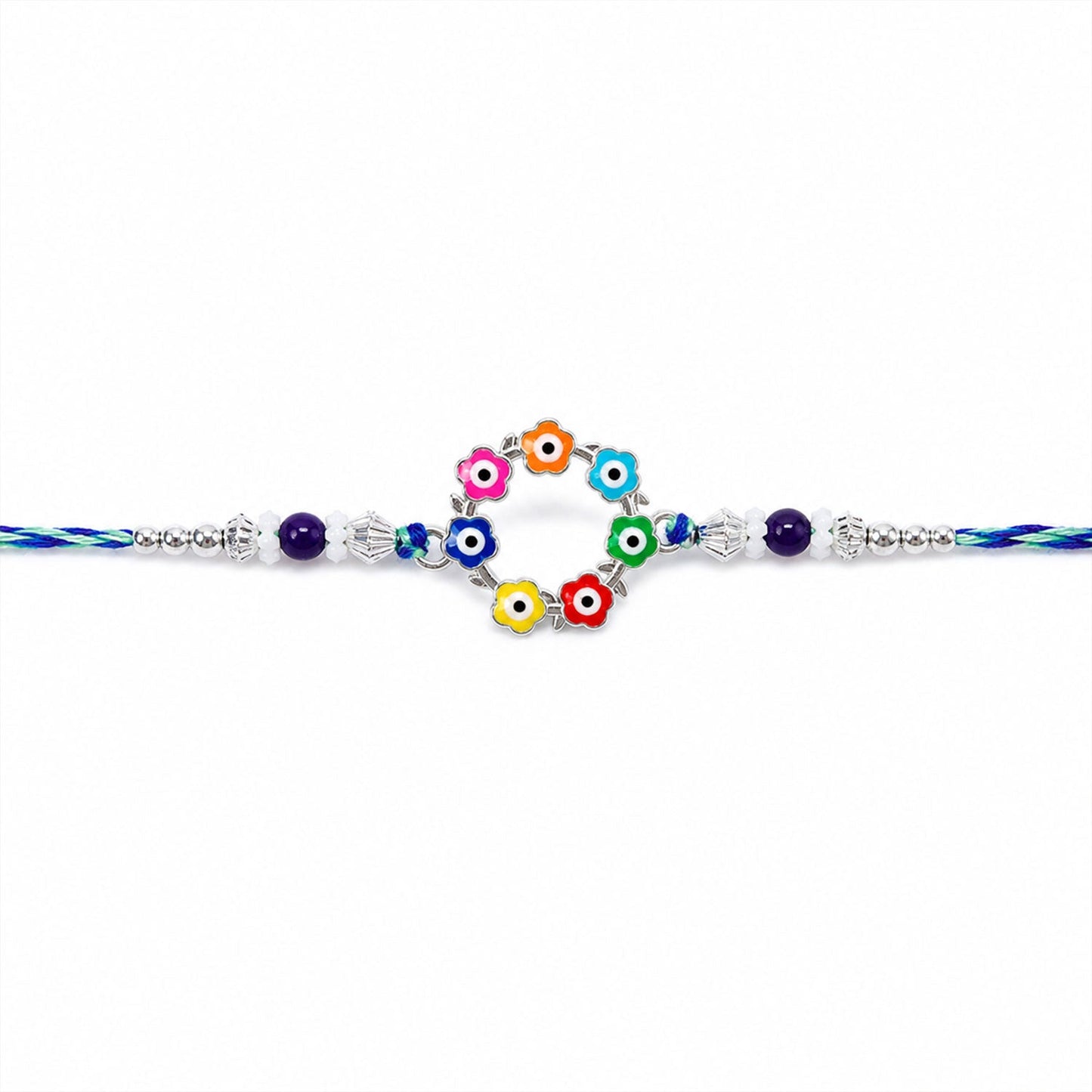 Multicolor Floral Nazar Evil Eye Wreath Circle Crystal Beads Rakhi