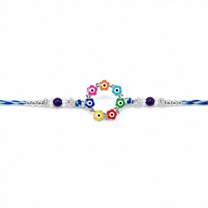 Multicolor Floral Nazar Evil Eye Wreath Circle Crystal Beads Rakhi