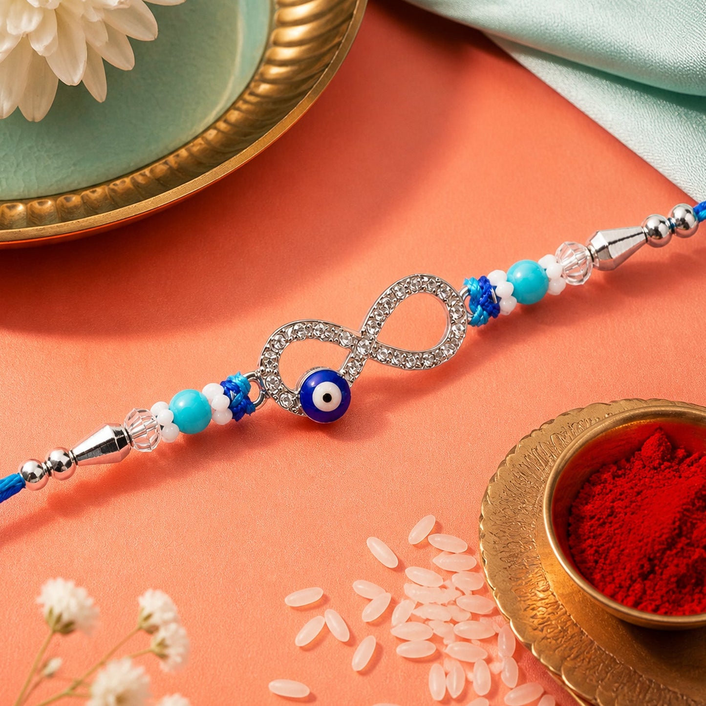 Infinity Symbol Nazar Evil Eye Crystal Stone Turquoise Beads Rakhi