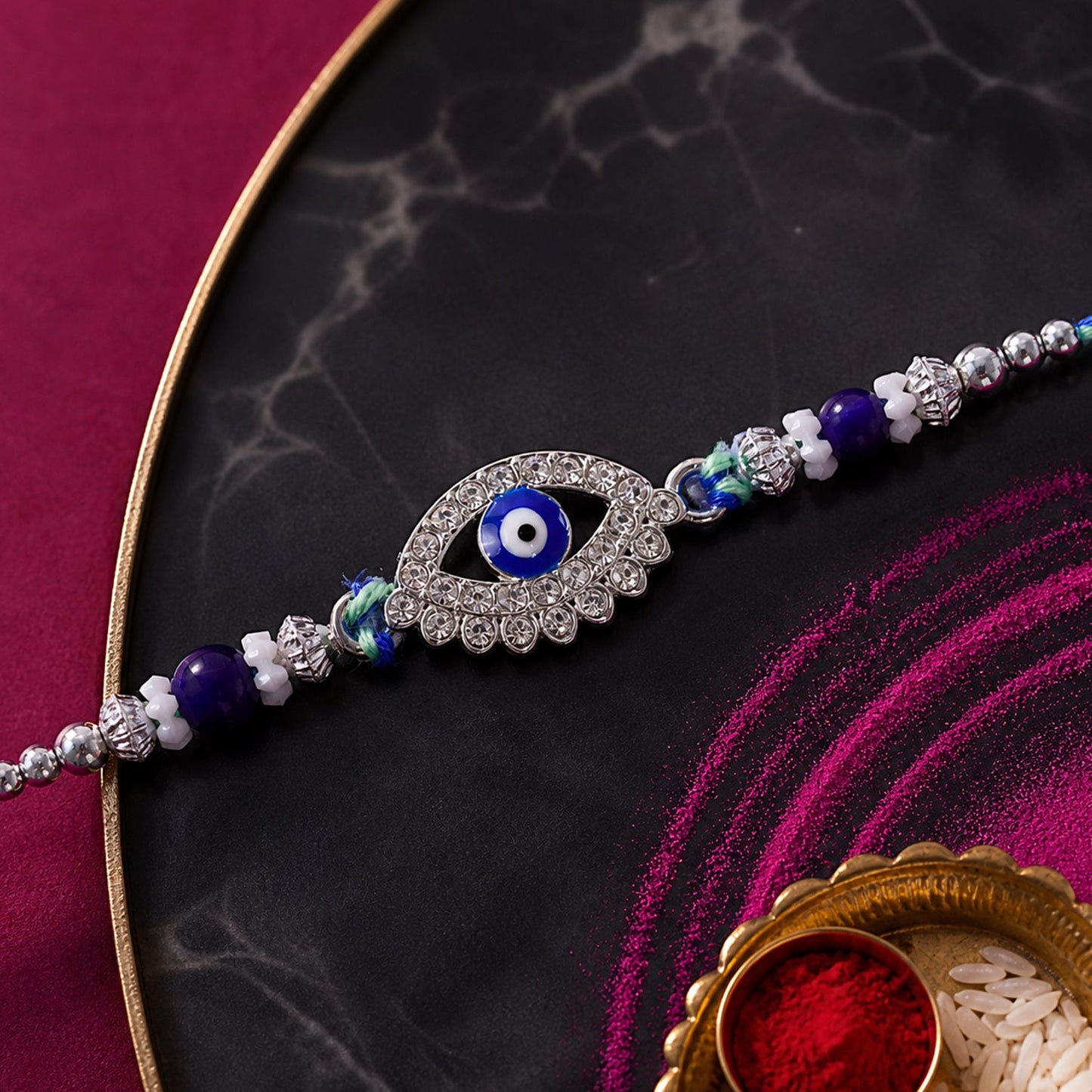 Studded Nazar Evil Eye Diamond Shape Crystal Floral Beads Rakhi