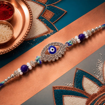 Studded Nazar Evil Eye Diamond Shape Crystal Floral Beads Rakhi