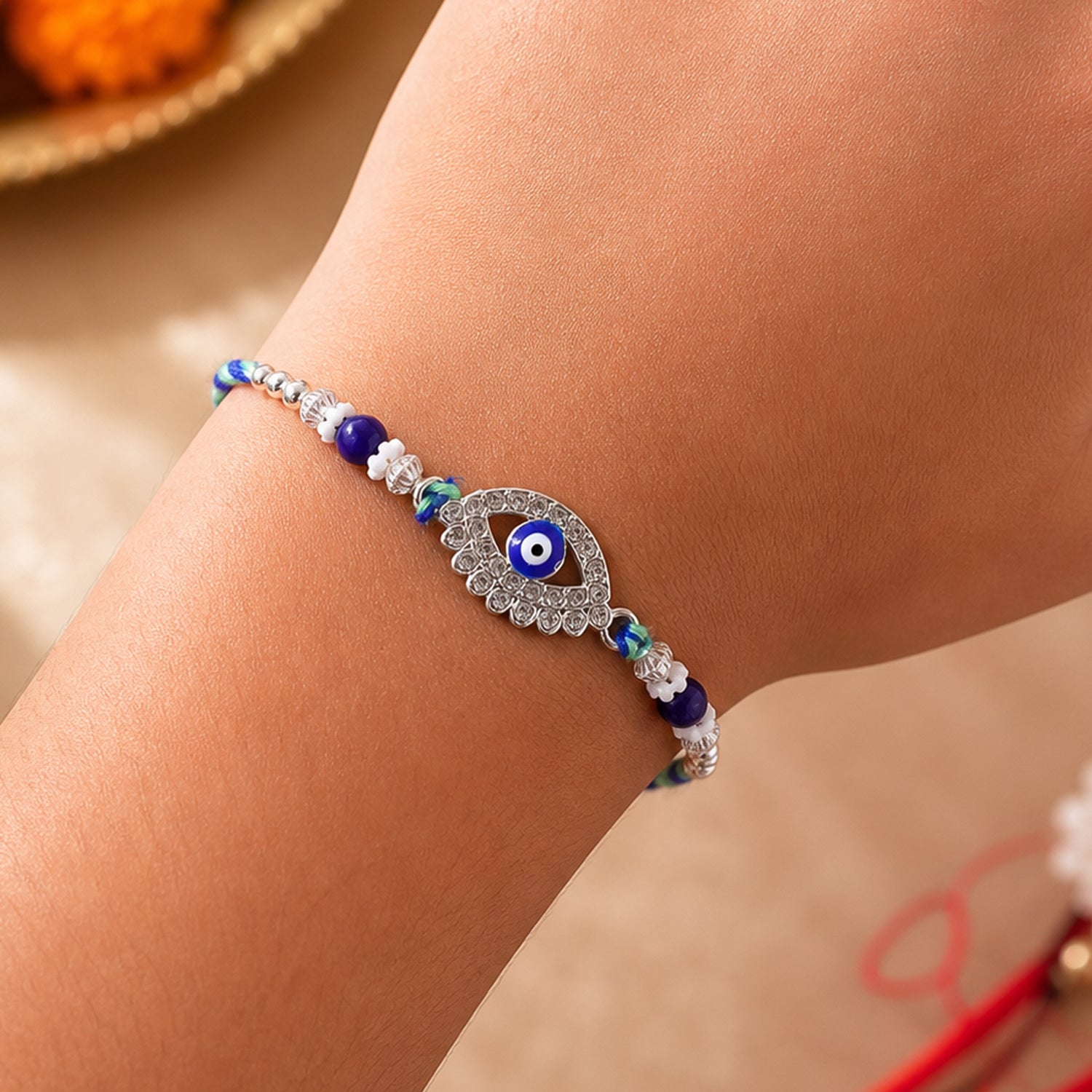 Studded Nazar Evil Eye Diamond Shape Crystal Floral Beads Rakhi