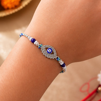 Studded Nazar Evil Eye Diamond Shape Crystal Floral Beads Rakhi